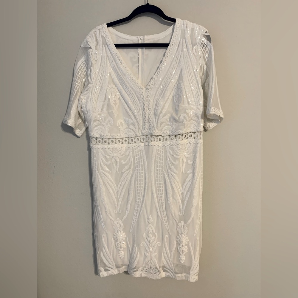 V Neck Mesh Lace and Sequins Mini Dress